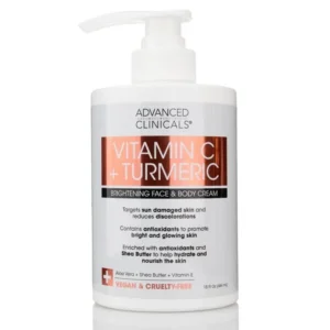 A bottle of Advanced Clinicals Vitamin C + Tumeric Body Cream
