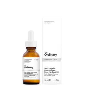 A bottle of The Ordinary 100% Organic Cold-Pressed Rose Hip Seed Oil
